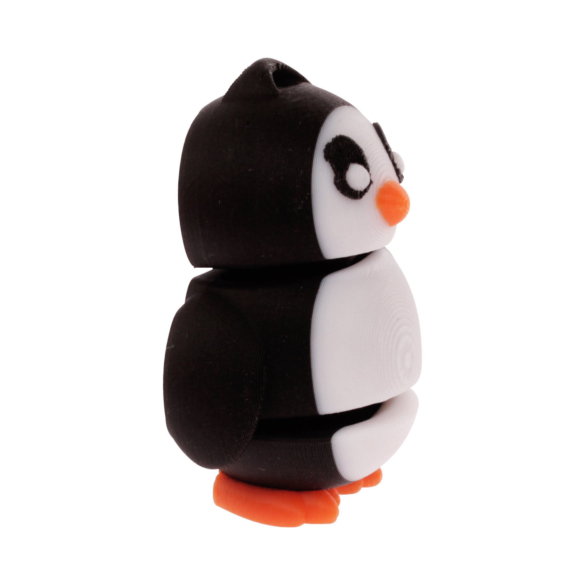 Right Side view of 3D Printed Flexible Penguin Keychain made from renewable PLA in vibrant colors